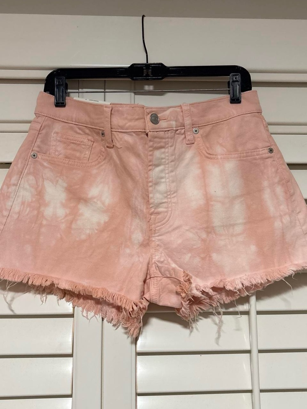 7 For All Mankind Pink Tie-Dye Frayed Hem Denim Shorts